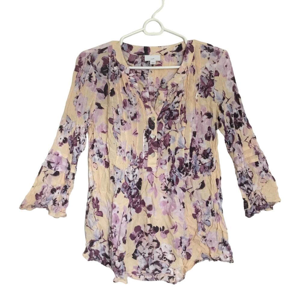 J. Jill Womens Pintucked Bell Sleeve Floral Blouse Purple Peach 3/4 Sleeve Sz S - Picture 2 of 7